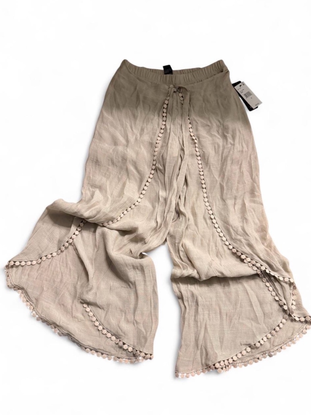 BCX Boho Wide-Leg Pom Pom Trim Pants – Beige with shorts under